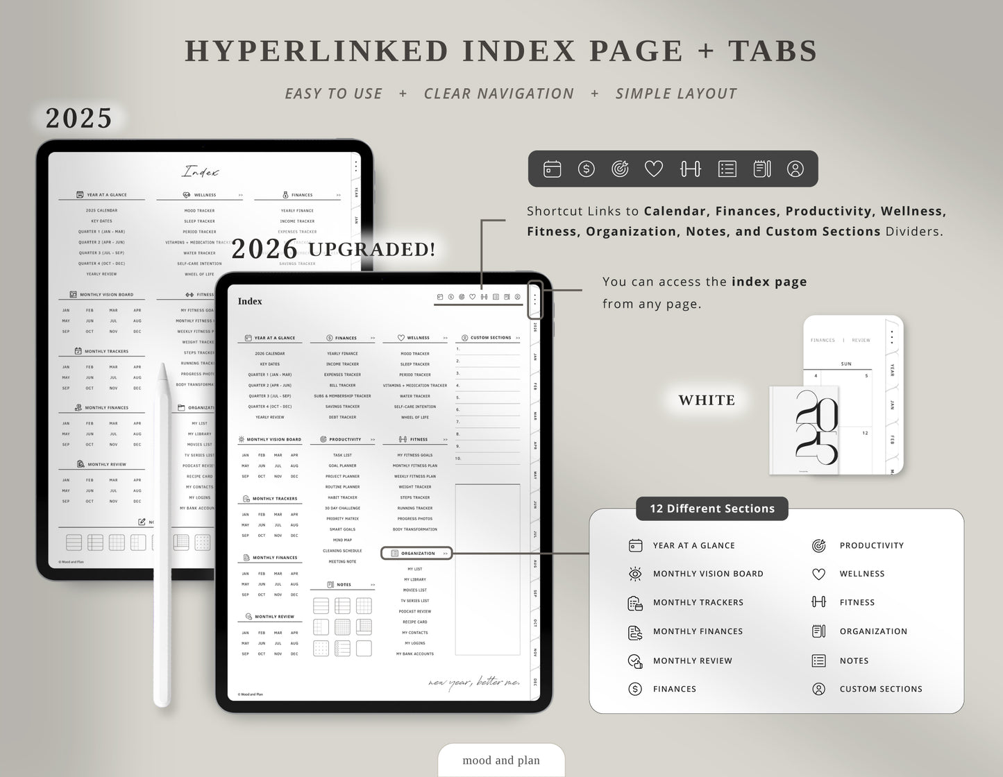 2025 2026 Portrait Digital Planner | White